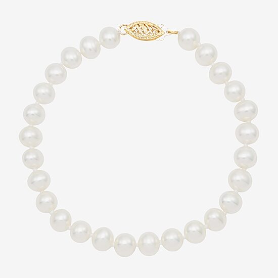 Womens White Cultured Freshwater Pearl 10K Gold Strand Bracelet