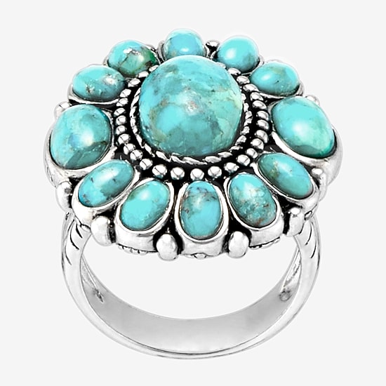 Womens Blue Turquoise Sterling Silver Flower Round Cocktail Ring