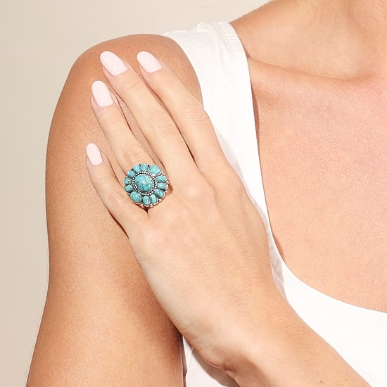 Womens Blue Turquoise Sterling Silver Flower Round Cocktail Ring