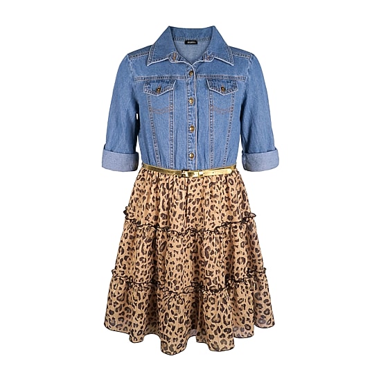 Lilt Little & Big Kid Girls Long Sleeve Midi Leopard Shirt Dress