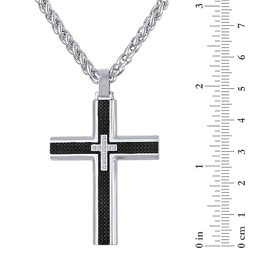 Mens Cubic Zirconia Stainless Steel Cross 24 Inch Pendant Necklace