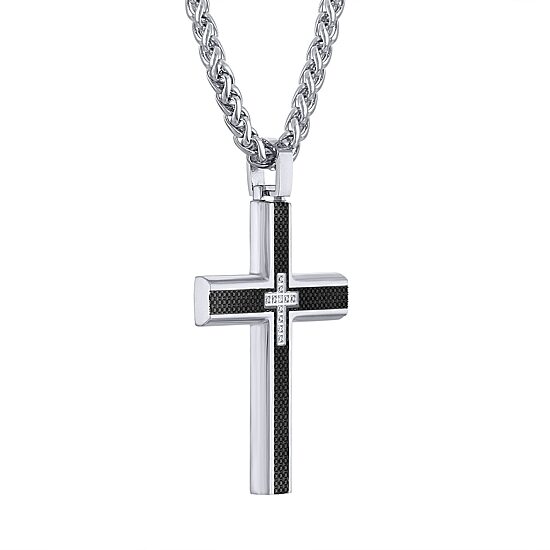 Mens Cubic Zirconia Stainless Steel Cross 24 Inch Pendant Necklace