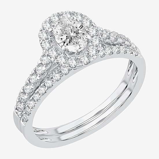 Signature By Modern Bride 1 CT.T.W. (H-I / SI1-SI2) Lab-Grown Diamond Oval Halo Bridal Set in 10K or 14K Gold