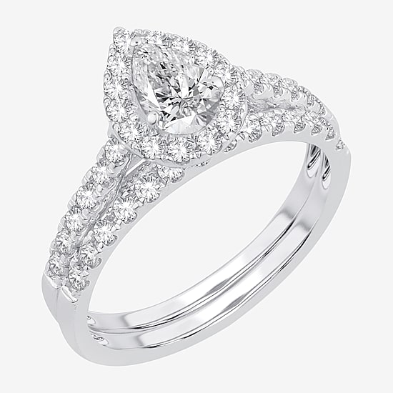 (H-I / SI1-SI2) Signature By Modern Bride Womens 1 CT. T.W. Lab Grown White Diamond 10K or 14K Gold Pear Halo Bridal Set