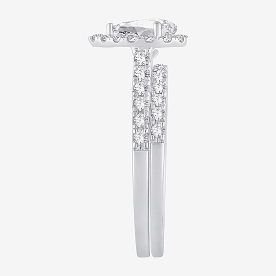 (H-I / SI1-SI2) Signature By Modern Bride Womens 1 CT. T.W. Lab Grown White Diamond 10K or 14K Gold Pear Halo Bridal Set