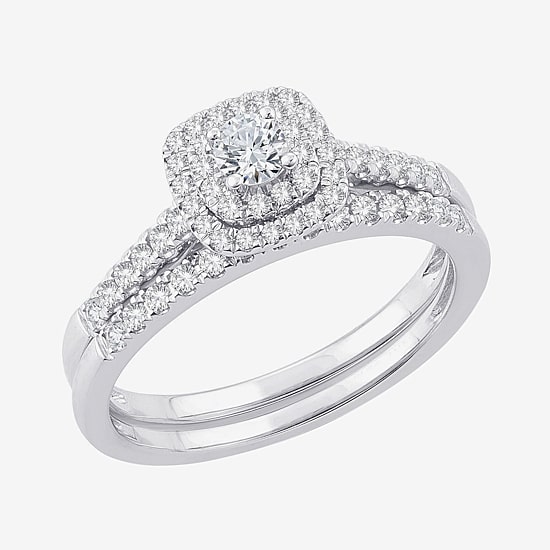 1/2 CT.T.W. Natural Diamond Halo Bridal Set 10K or 14K White Gold