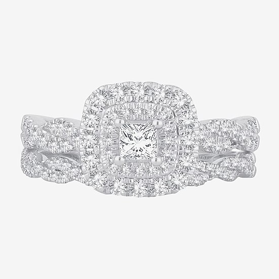 Signature By Modern Bride 1 CT.T.W. Natural Diamond Cushion Shape Side Stone Halo Bridal Set in 10K or 14K Gold
