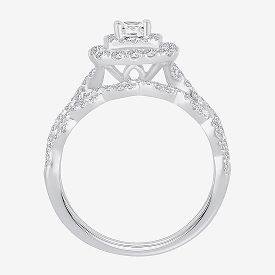Signature By Modern Bride 1 CT.T.W. Natural Diamond Cushion Shape Side Stone Halo Bridal Set in 10K or 14K Gold