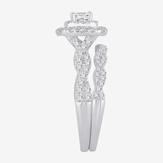 Signature By Modern Bride 1 CT.T.W. Natural Diamond Cushion Shape Side Stone Halo Bridal Set in 10K or 14K Gold