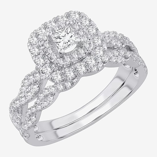 Signature By Modern Bride 1 CT.T.W. Natural Diamond Cushion Shape Side Stone Halo Bridal Set in 10K or 14K Gold