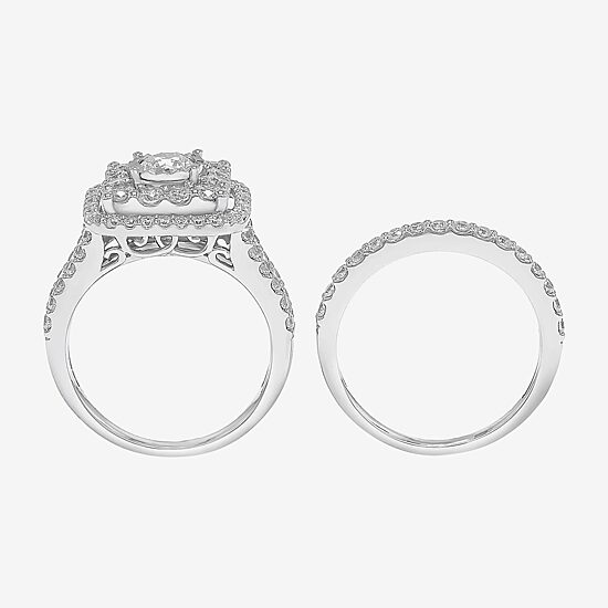 2 CT.T.W. Natural Diamond Cushion Shape Side Stone Halo Bridal Set in 10K or 14K White Gold