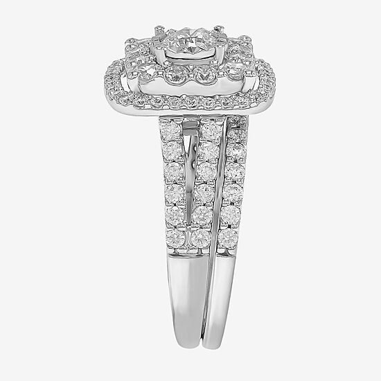 2 CT.T.W. Natural Diamond Cushion Shape Side Stone Halo Bridal Set in 10K or 14K White Gold