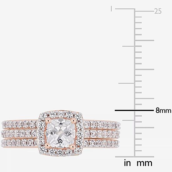 Modern Bride Gemstone Womens Lab Created White Sapphire 18K Rose Gold Over Silver Cushion Halo Bridal Set