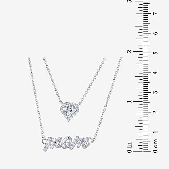 Diamonart Layered Look "Mom" Womens White Cubic Zirconia Sterling Silver Heart 16 Inch Pendant Necklace