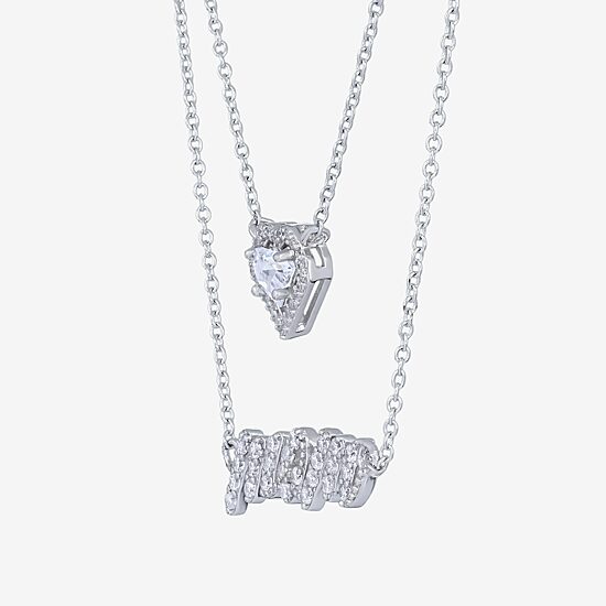 Diamonart Layered Look "Mom" Womens White Cubic Zirconia Sterling Silver Heart 16 Inch Pendant Necklace