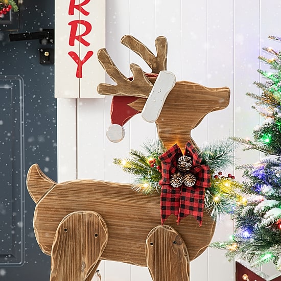 Glitzhome Chunky Wood Reindeer Decor Christmas Porch Sign