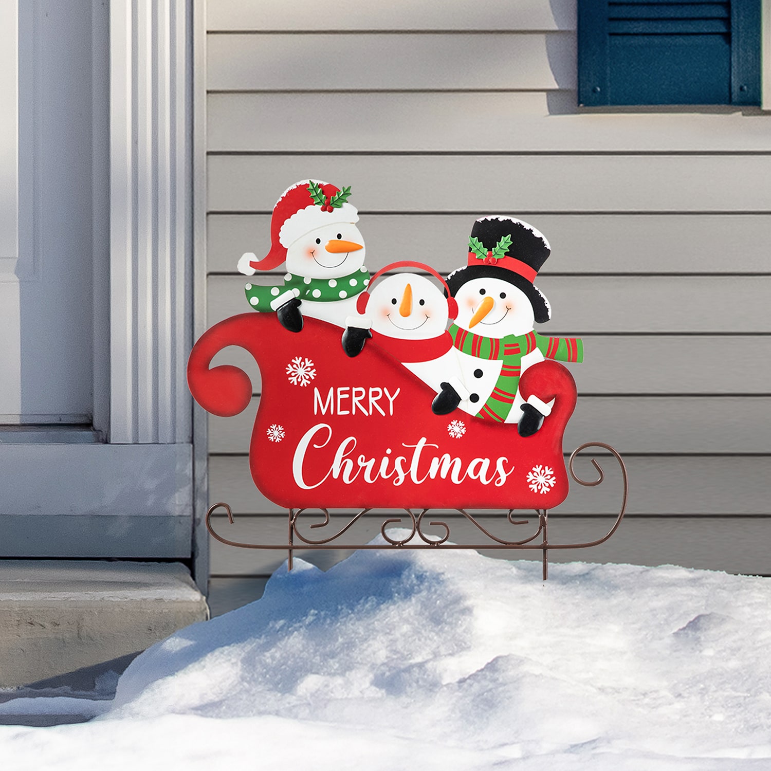 Glitzhome Metal Snowmen Riding Sleigh Christmas Yard Art