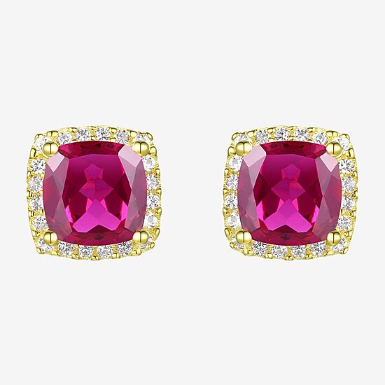 Lab Created Red Ruby 14K Gold Over Silver 6.5mm Cushion Stud Earrings