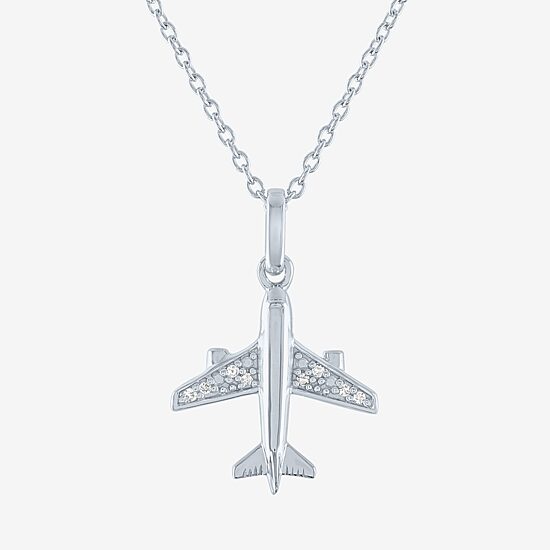 "Travel" (G-H / I1-I2) Airplane Womens Diamond Accent Lab Grown White Diamond Sterling Silver 16 Inch Pendant Necklace