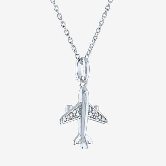 "Travel" (G-H / I1-I2) Airplane Womens Diamond Accent Lab Grown White Diamond Sterling Silver 16 Inch Pendant Necklace