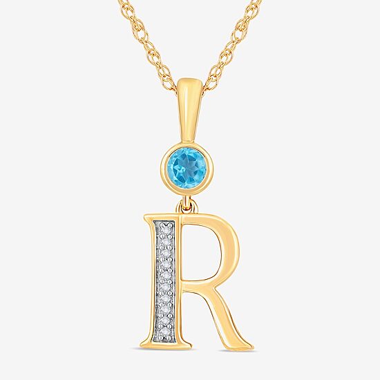 "R" Womens Genuine Blue Topaz 14K Gold Over Silver 18 Inch Pendant Necklace