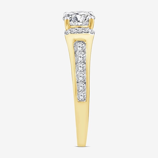 (F / Vs2) Womens 1 1/2 CT. T.W. Lab Grown White Diamond 10K Gold Round Side Stone Engagement Ring