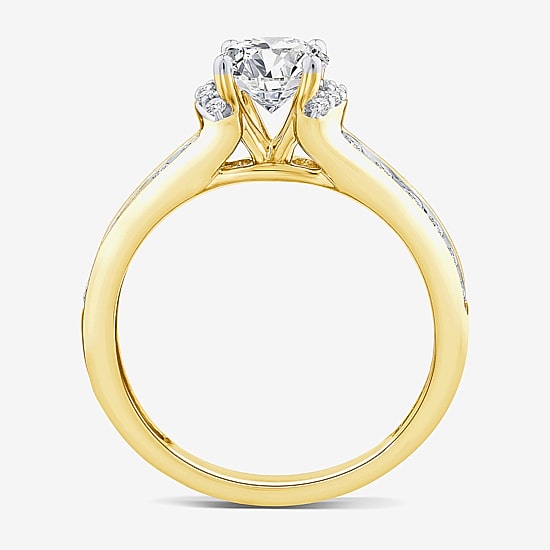 (F / Vs2) Womens 1 1/2 CT. T.W. Lab Grown White Diamond 10K Gold Round Side Stone Engagement Ring