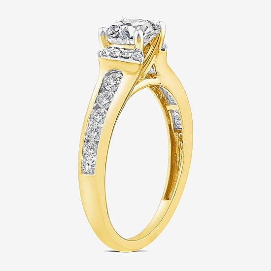 (F / Vs2) Womens 1 1/2 CT. T.W. Lab Grown White Diamond 10K Gold Round Side Stone Engagement Ring