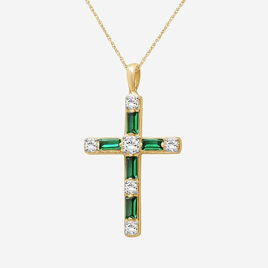 Womens Diamond Accent Lab Created Gemstone 10K White Gold Cross Pendant Necklace