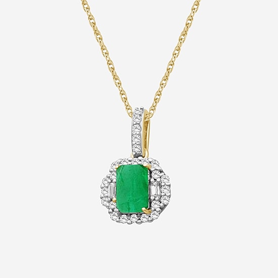 Womens Emerald-cut Gemstone & 1/3 CT. T.W. Natural Diamond 10K Gold Pendant Necklace