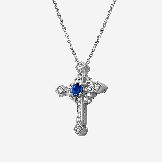 Womens Diamond Accent Gemstone 10K White Gold Cross 18 Inch Pendant Necklace