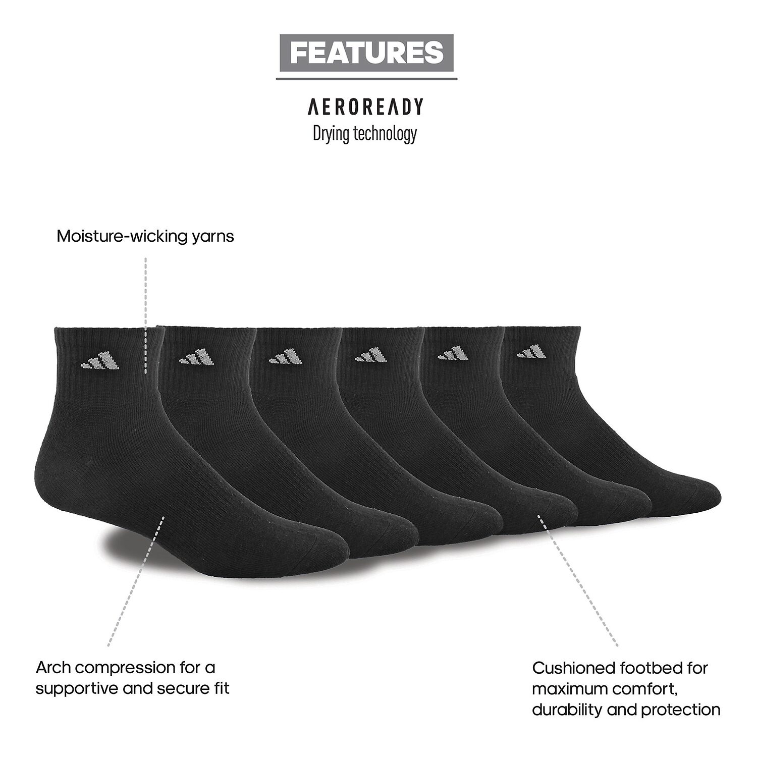 adidas Mens 6 Pair Quarter Ankle Socks