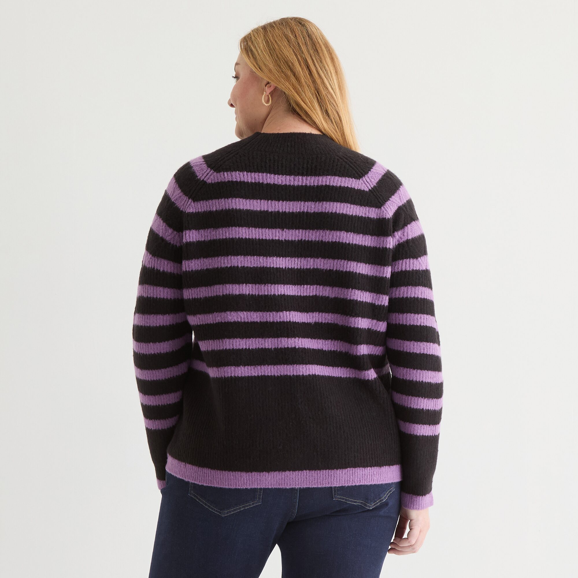 Liz Claiborne Plus Womens Crew Neck Long Sleeve Striped Pullover Sweater