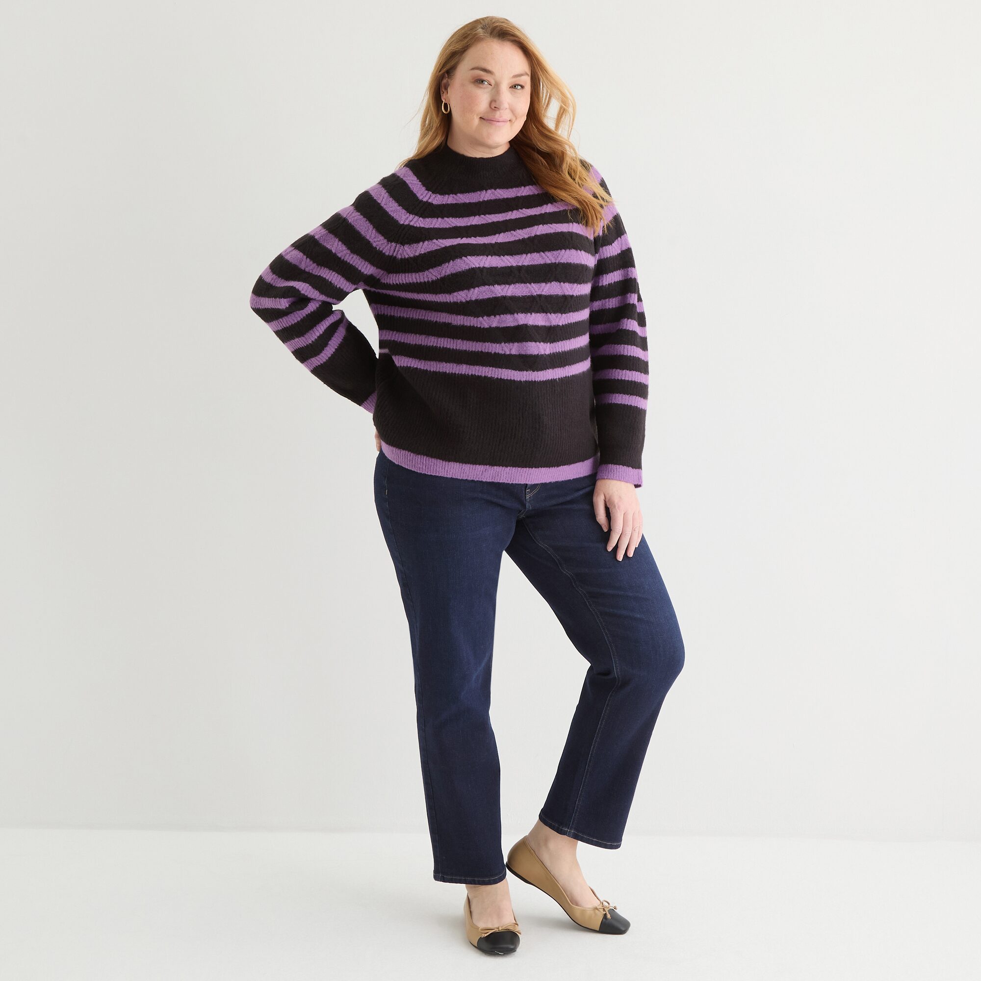 Liz Claiborne Plus Womens Crew Neck Long Sleeve Striped Pullover Sweater