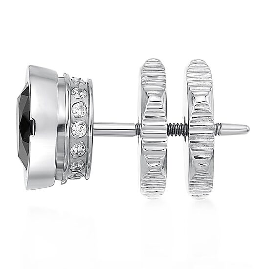 Mens Black and White Cubic Zirconia Stainless Steel Stud Earring