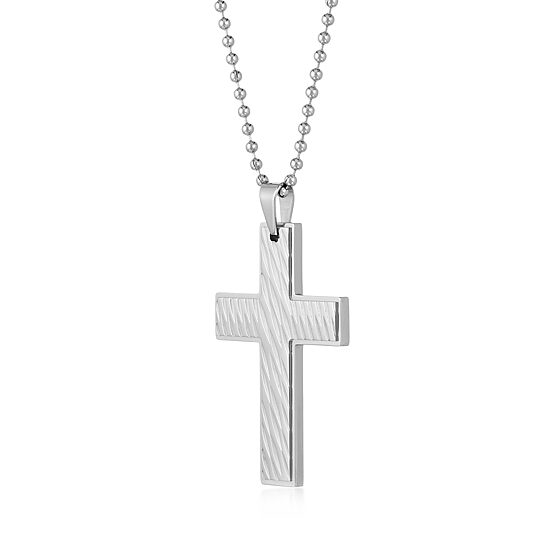 Mens Stainless Steel Textured Cross Pendant Necklace