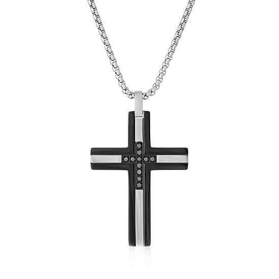 Mens 1/6 CT. T.W. Diamond Black Stainless Steel Cross Pendant Necklace
