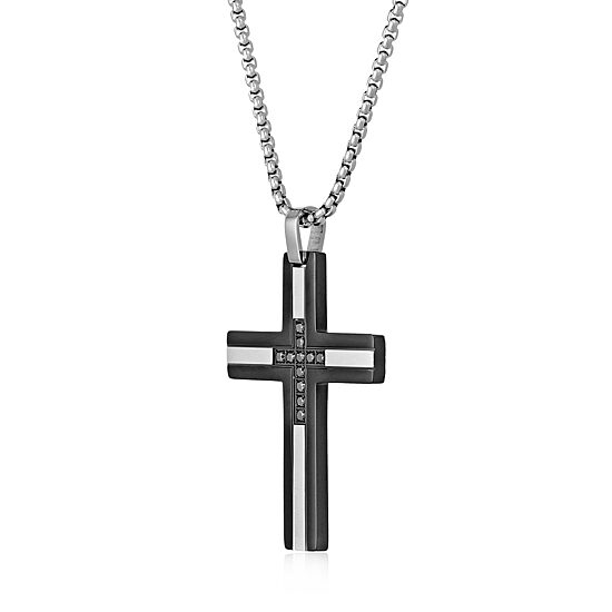 Mens 1/6 CT. T.W. Diamond Black Stainless Steel Cross Pendant Necklace