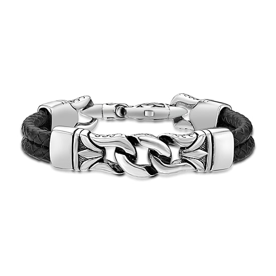 Mens Black Leather and Stainless Steel Chain Bracelet