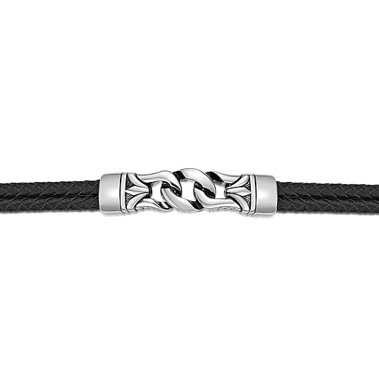 Mens Black Leather and Stainless Steel Chain Bracelet