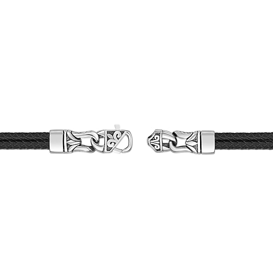 Mens Black Leather and Stainless Steel Chain Bracelet