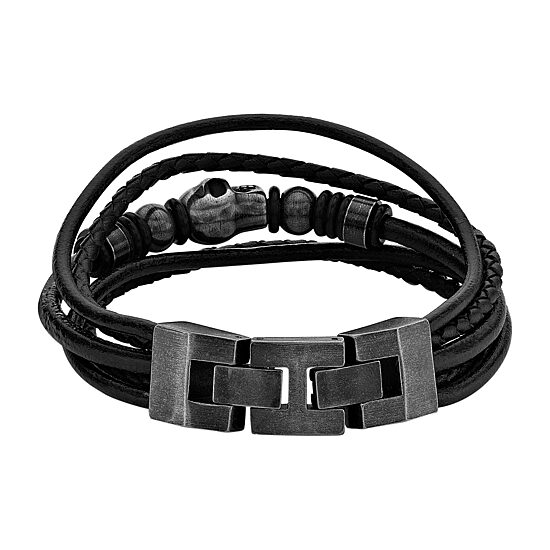 Mens Black Leather and Stainless Steel Skull Bracelet