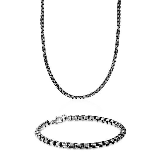 Mens Stainless Steel & Black IP Inlay 5.5mm Round Box Chain & Bracelet Boxed Set