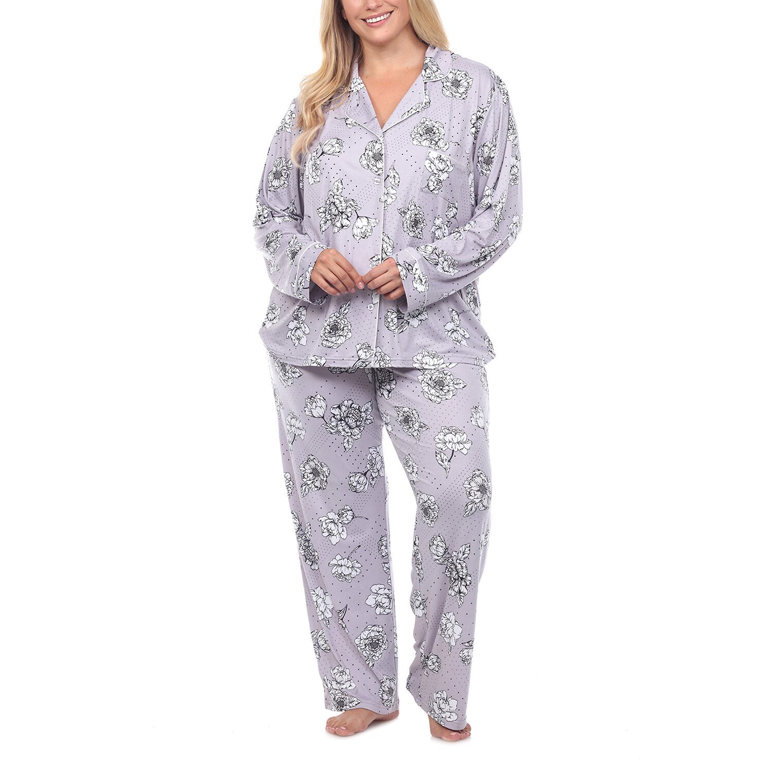 White Mark Womens Long Sleeve 2-pc. Plus Pajama Set