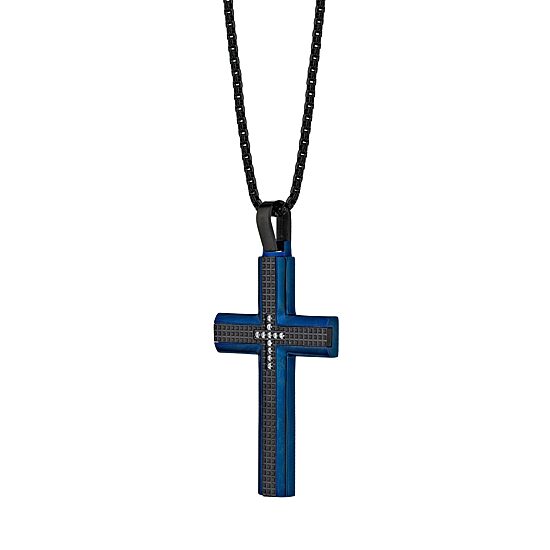 Mens White Cubic Zirconia Stainless Steel Cross 24 Inch Pendant Necklace