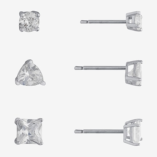 Silver Treasures Womens Cubic Zirconia Sterling Silver Pear Round Square 3 Pair Earring Set