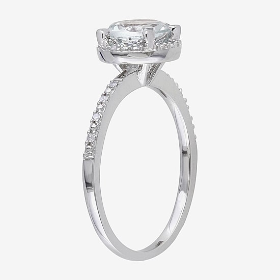 Modern Bride Gemstone Womens Diamond Accent Genuine Blue Aquamarine Sterling Silver Round Side Stone Halo Engagement Ring