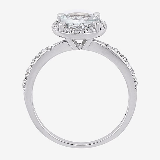 Modern Bride Gemstone Womens Diamond Accent Genuine Blue Aquamarine Sterling Silver Round Side Stone Halo Engagement Ring