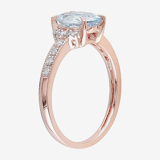 Womens Diamond Accent Genuine Blue Aquamarine 18K Gold Over Silver Oval Engagement Ring