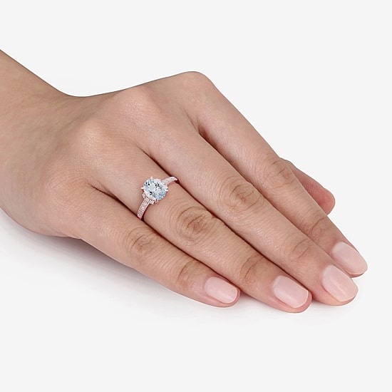 Womens Diamond Accent Genuine Blue Aquamarine 18K Gold Over Silver Oval Engagement Ring